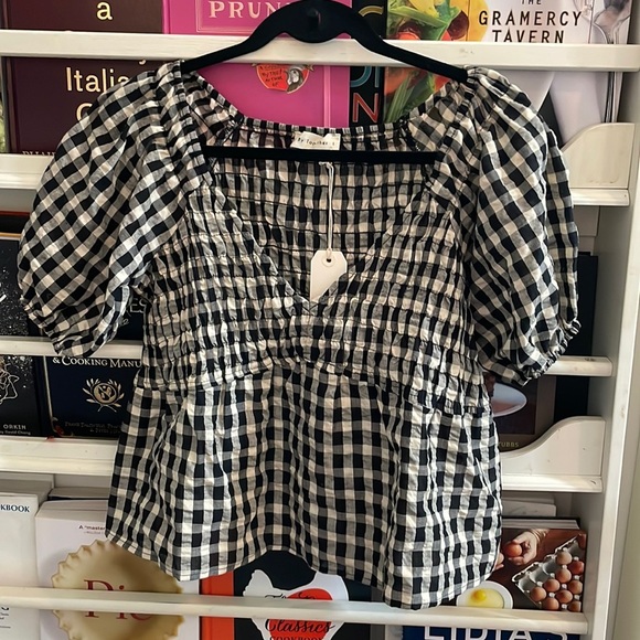 By Together Tops - NWT By Together Peplum Gingham Puff Sleeve Top